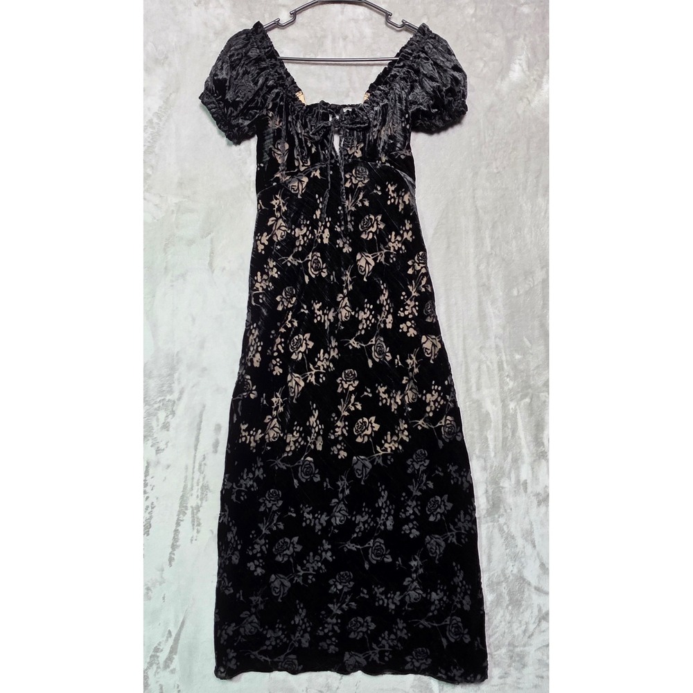 Urban Outfitters Black Floral Burnout Velvet Midi Dress Puff Sleeve  S